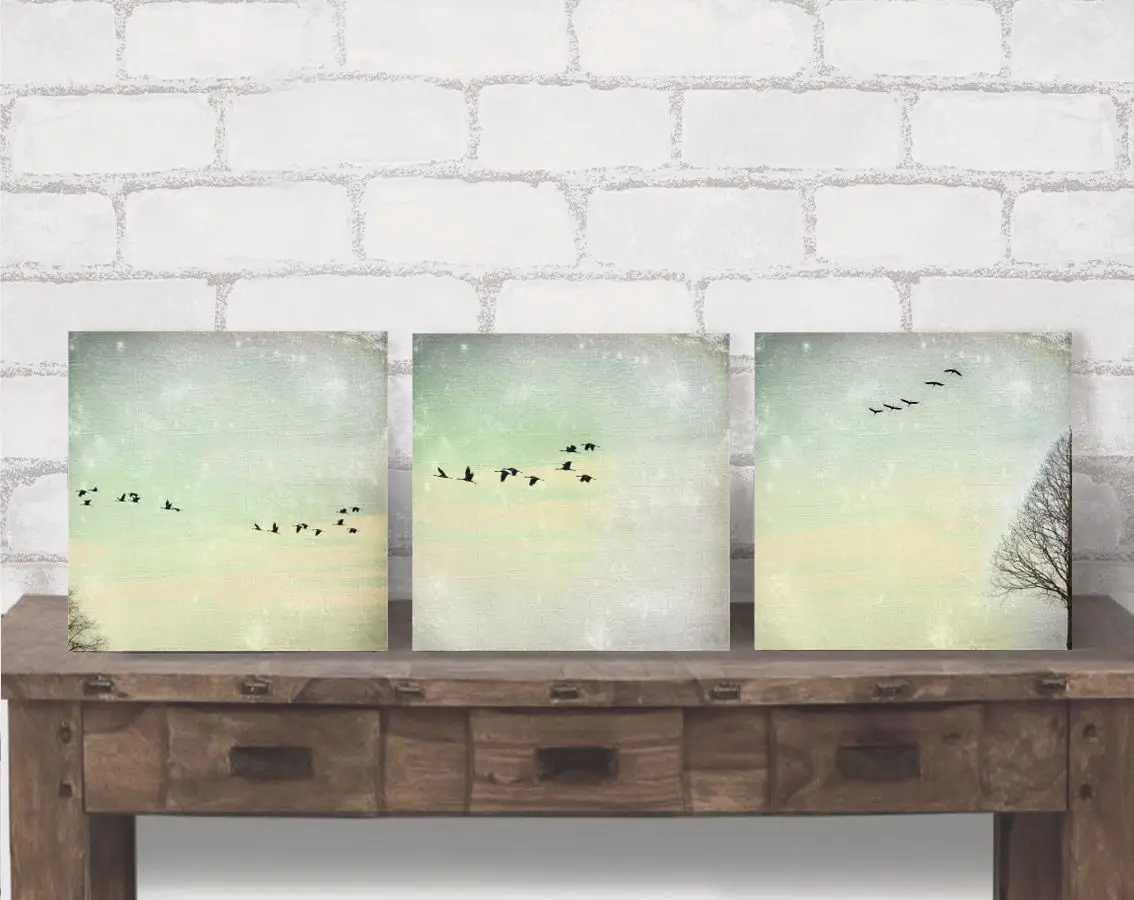 Kraniche, Triptychon Zugvögel im Shabby Chic